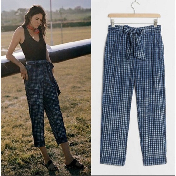 ANTHROPOLOGIE Maeve Avryl Blue Plaid Bleached Slim Paper Bag Pants Size 2 - Picture 2 of 16